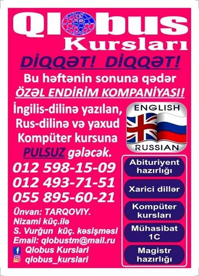 İngilis-dili kursuna yazıl,Rus-dilinə və ya Kompüter kursuna PULSUZ gəl.